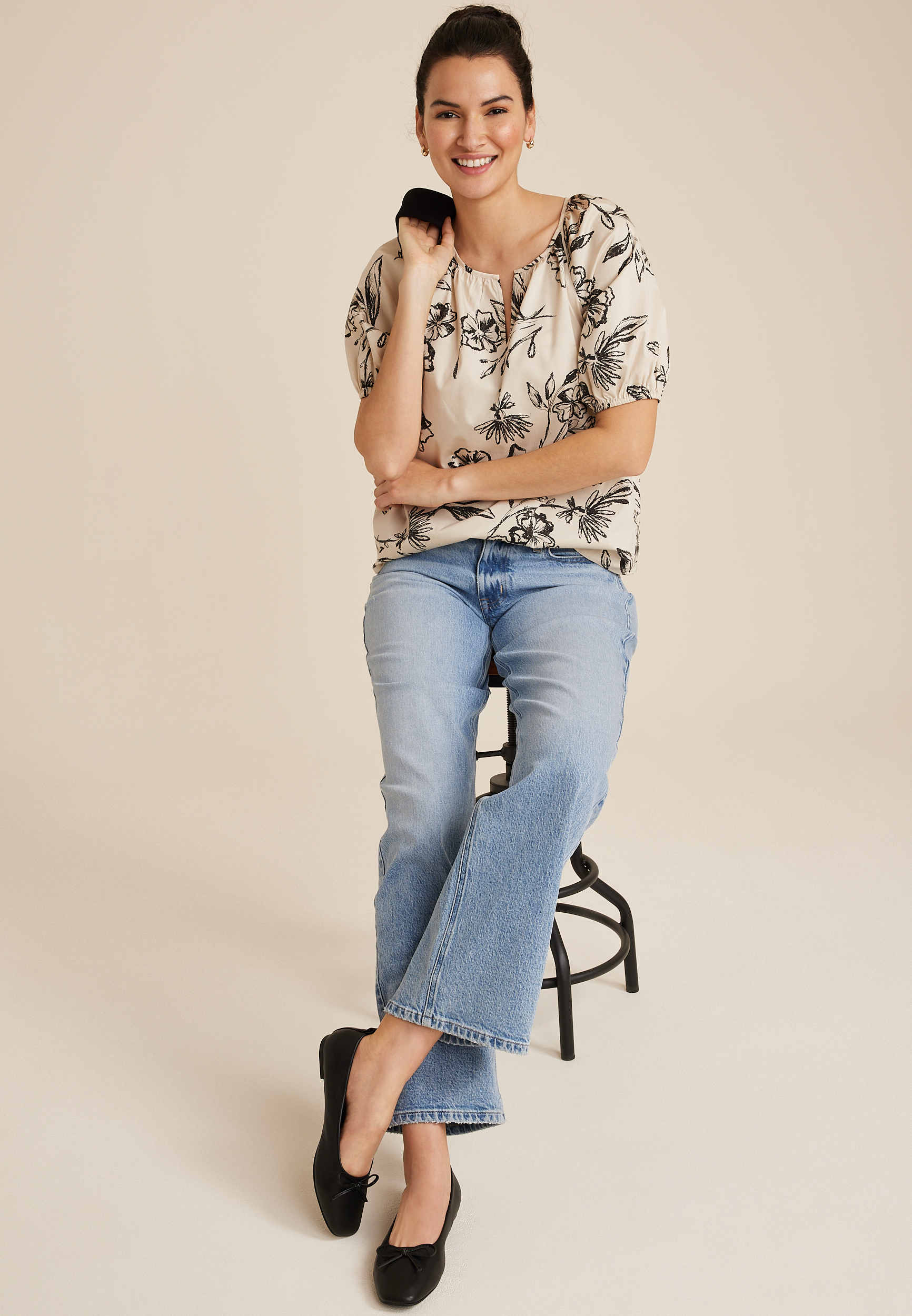 Floral Puff Sleeve Poplin Blouse, C4681, large