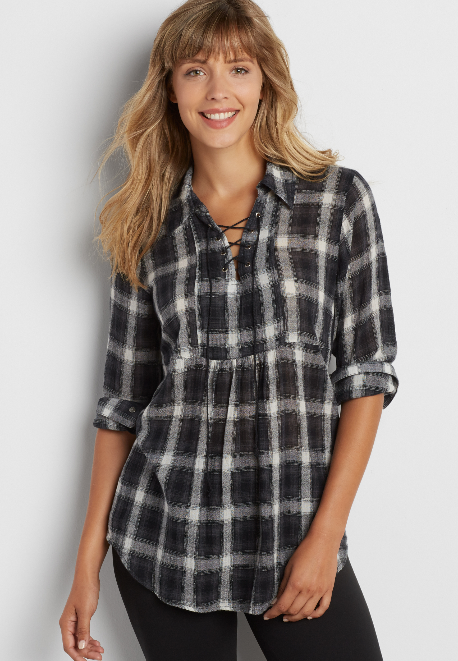 lightweight plaid tunic with lace up neckline | maurices