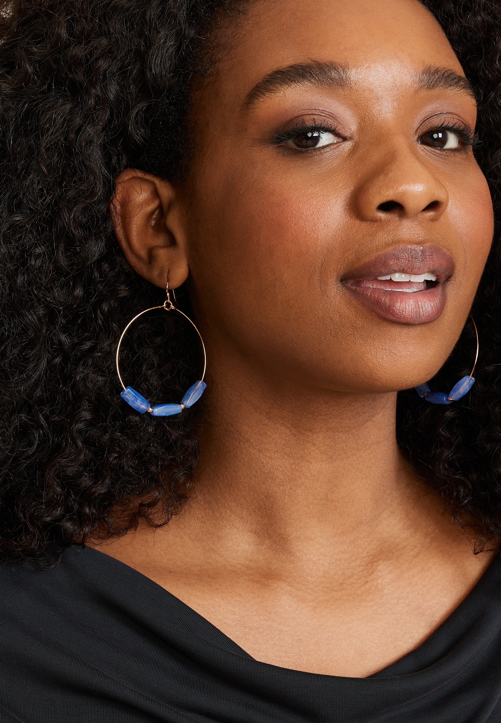Gold Blue Beaded Hoop Earrings, C1772, large