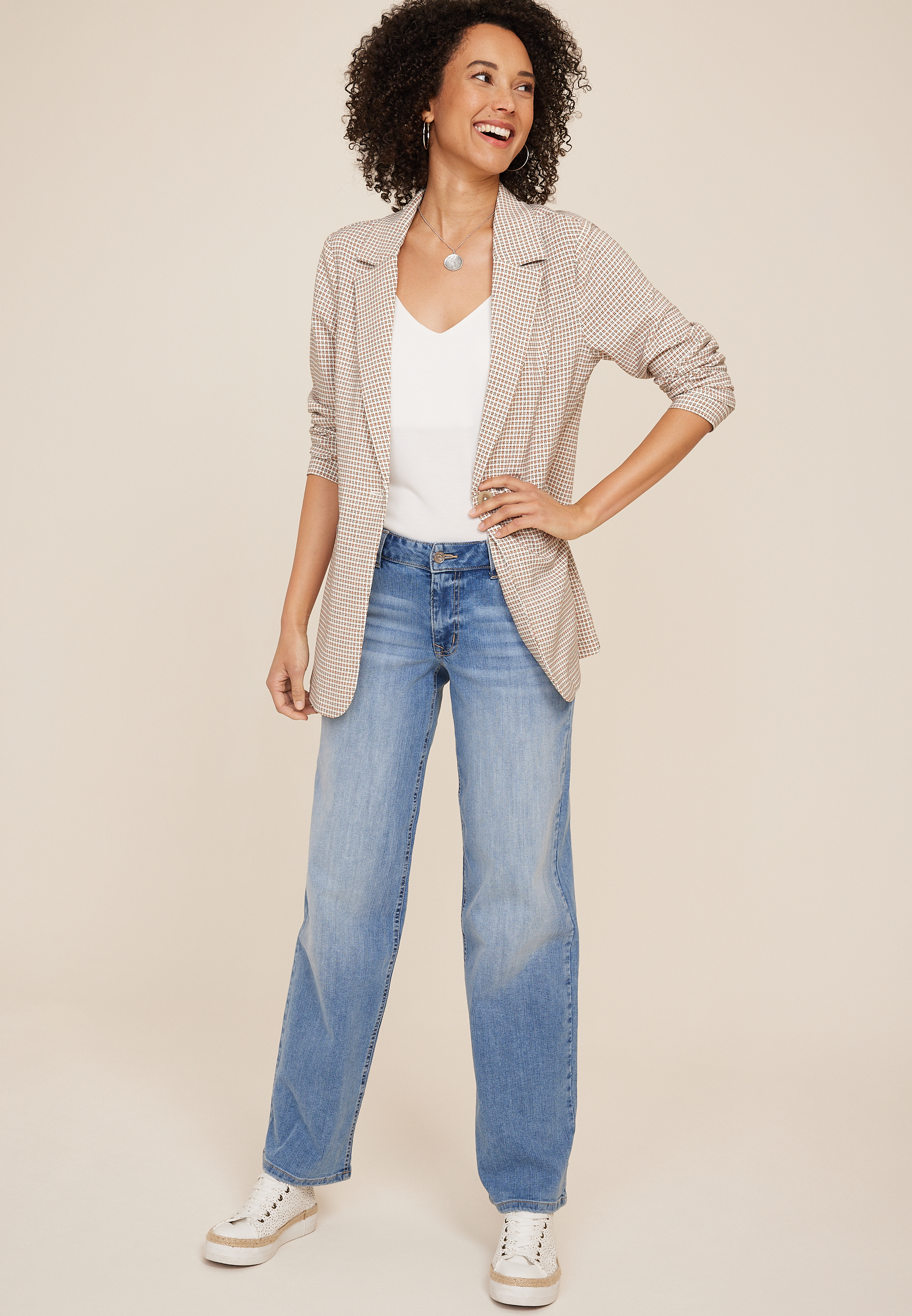 Plaid Boyfriend Blazer, NATURAL COMBO, large