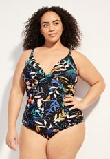 Plus Size Floral Ruched One Piece Swimsuit, BLACK COMBO, small