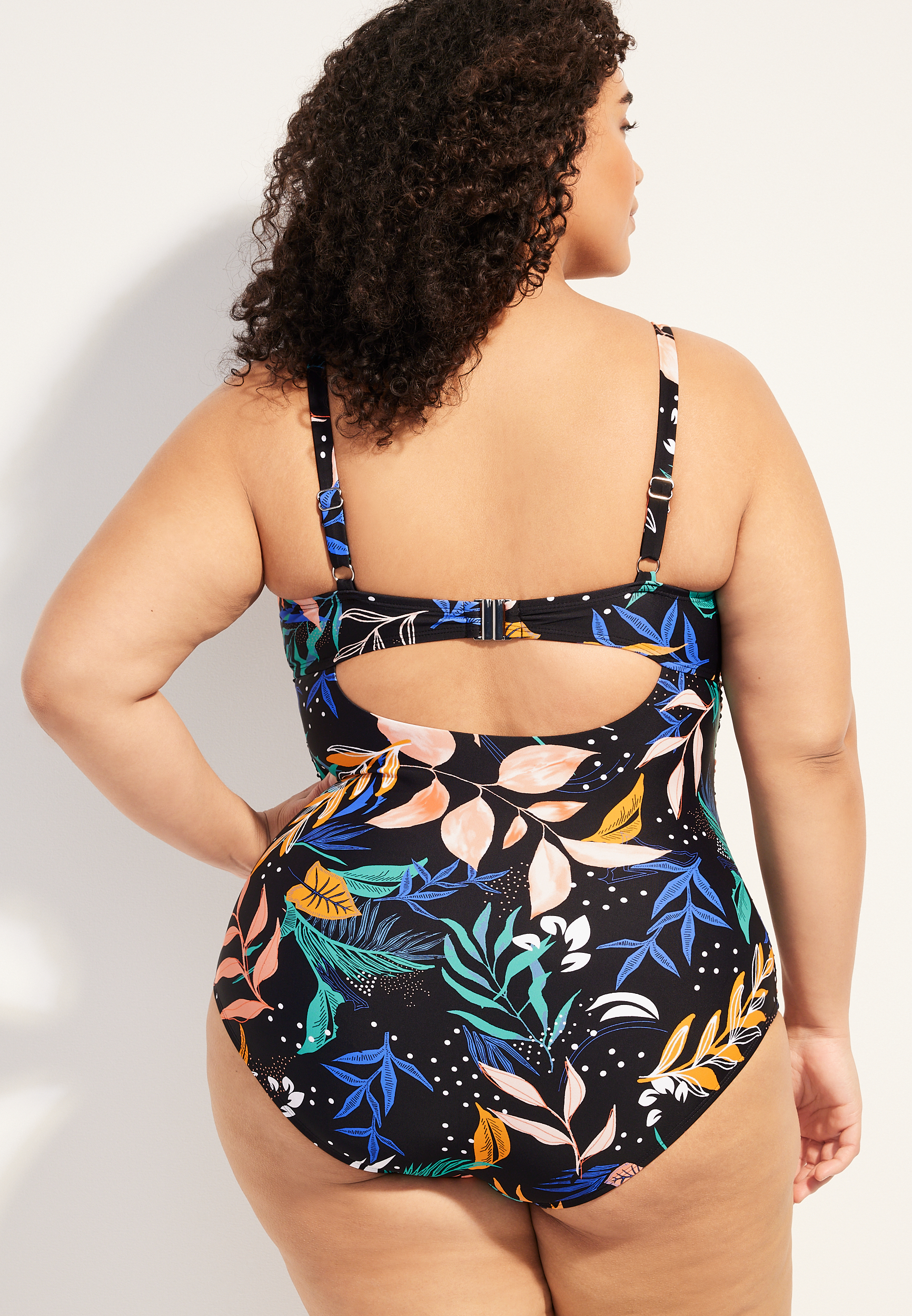 Plus Size Floral Ruched One Piece Swimsuit, BLACK COMBO, large