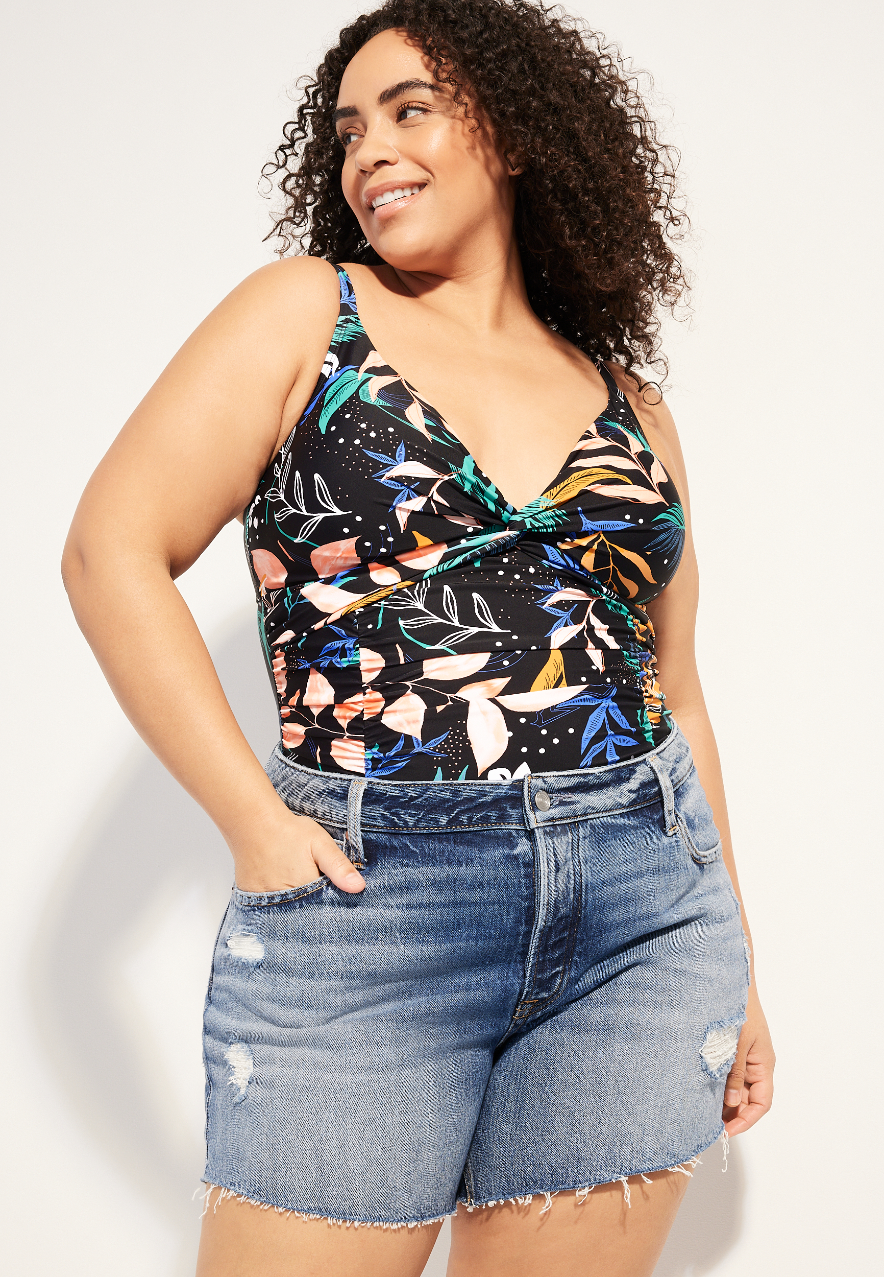 Plus Size Floral Ruched One Piece Swimsuit, BLACK COMBO, large