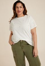 Plus Size 24/7 Dawson Embroidered Floral Crew Neck Tee, SOFT WHITE COMBO, small
