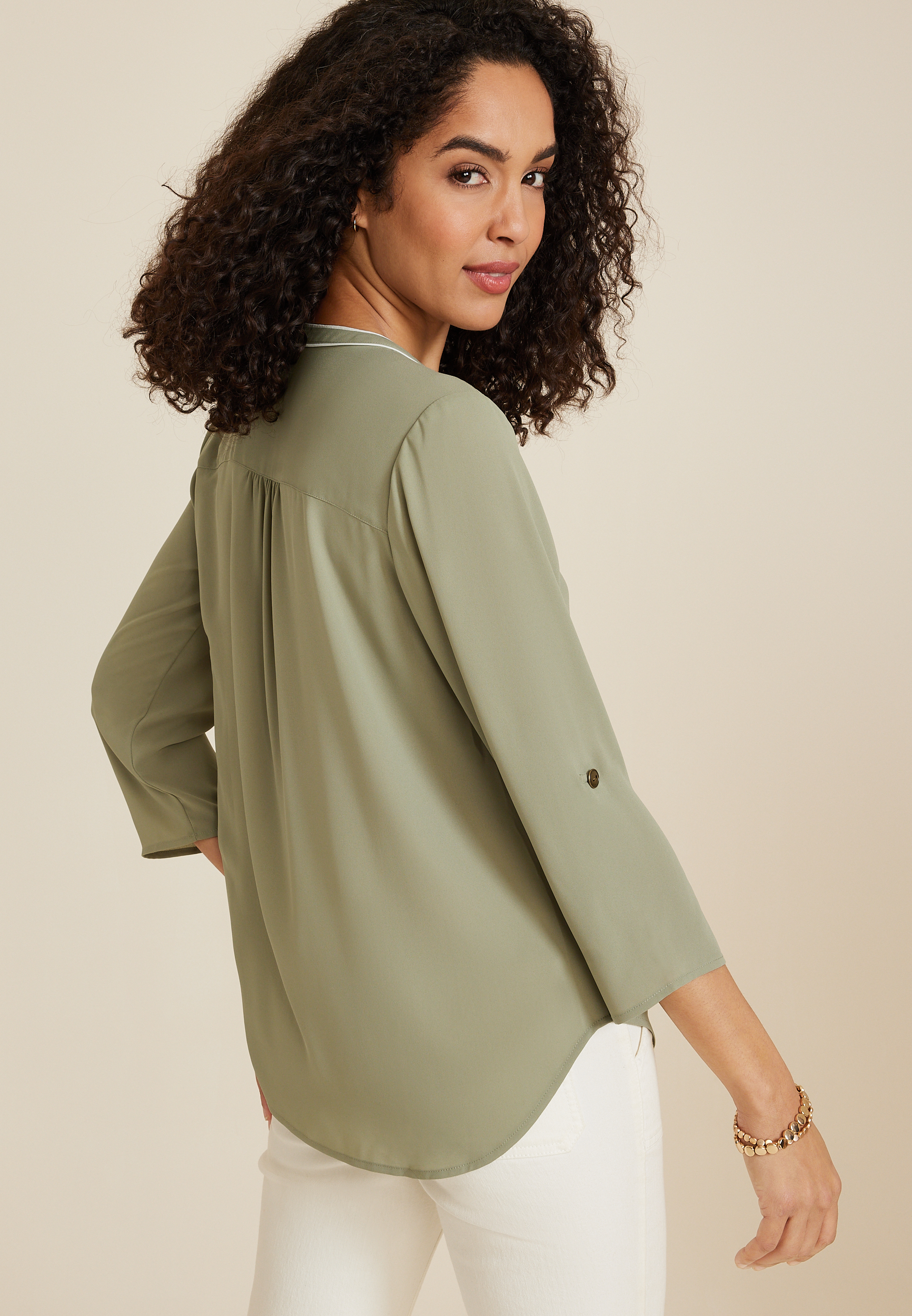 Atwood Piped Trim 3/4 Sleeve Blouse, C425, large