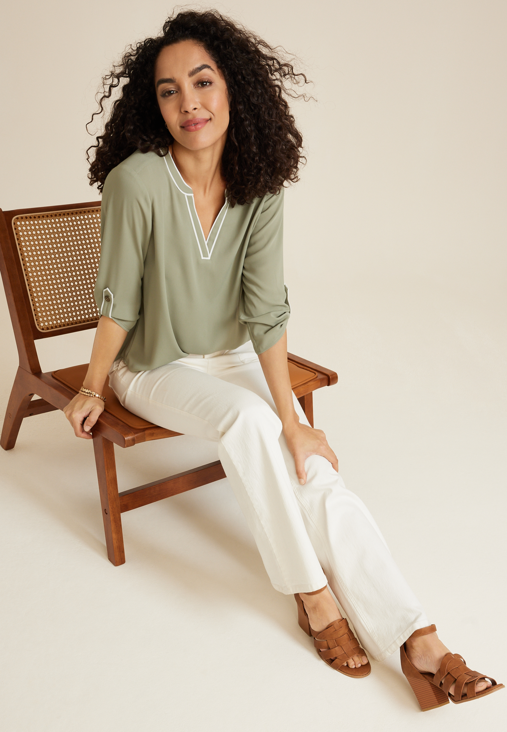 Atwood Piped Trim 3/4 Sleeve Blouse, C425, large