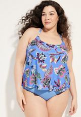 Plus Size Floral T Back Tankini Swim Top, BLUE COMBO, small