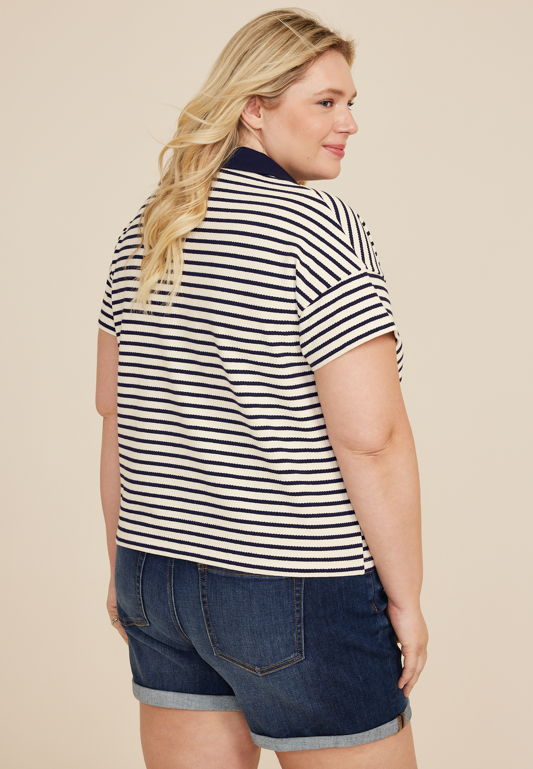 Plus Size Cropped Court Polo Striped Tee, C1943, large