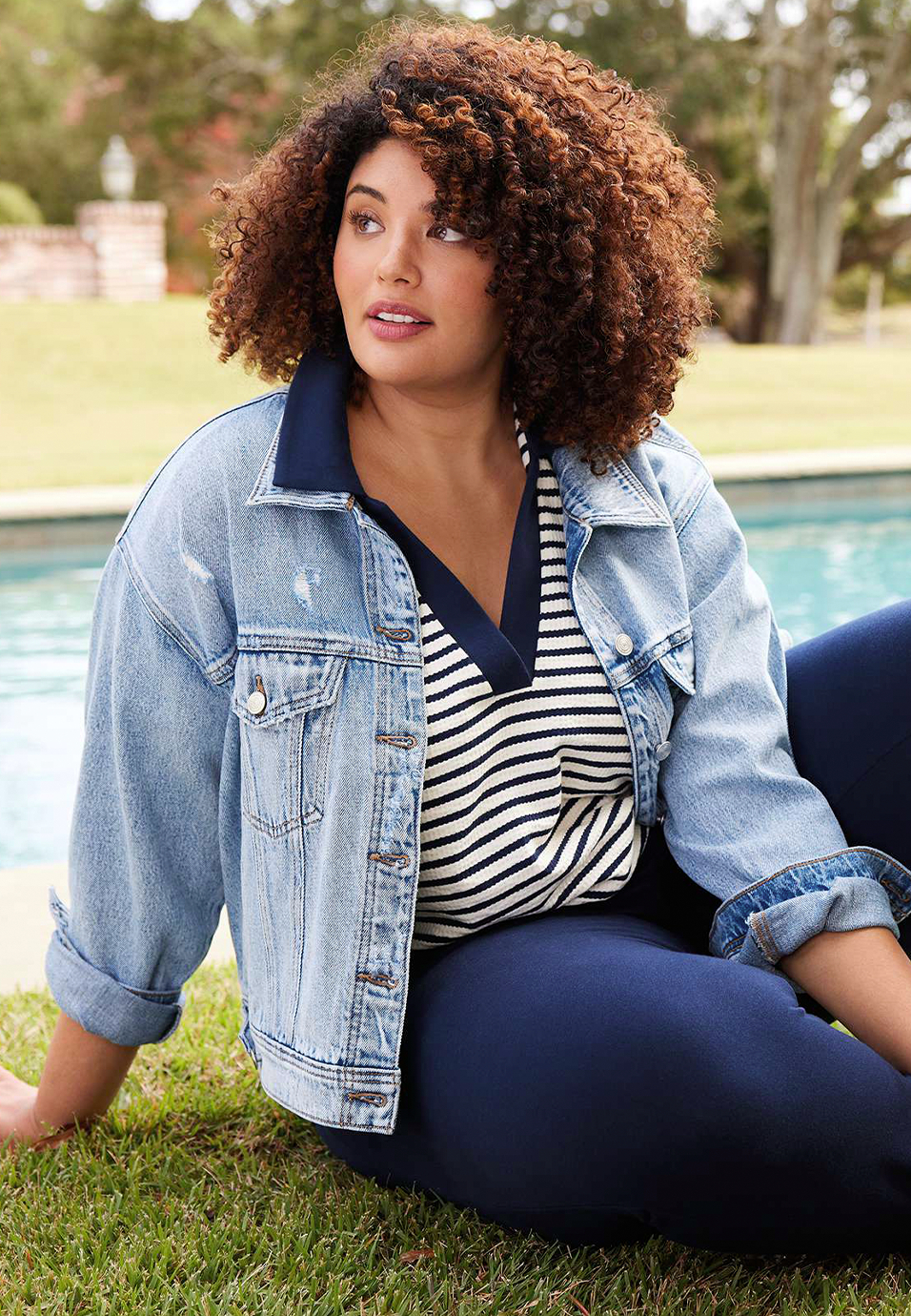Plus Size Cropped Court Polo Striped Tee, C1943, large