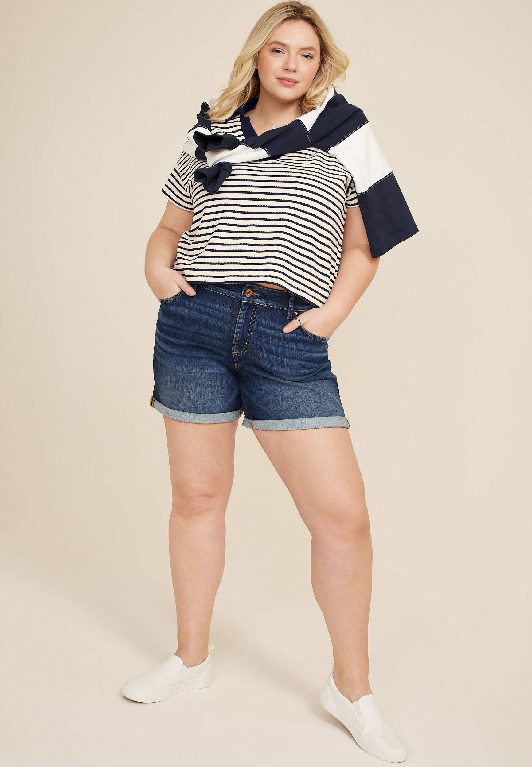 Plus Size Cropped Court Polo Striped Tee, C1943, large