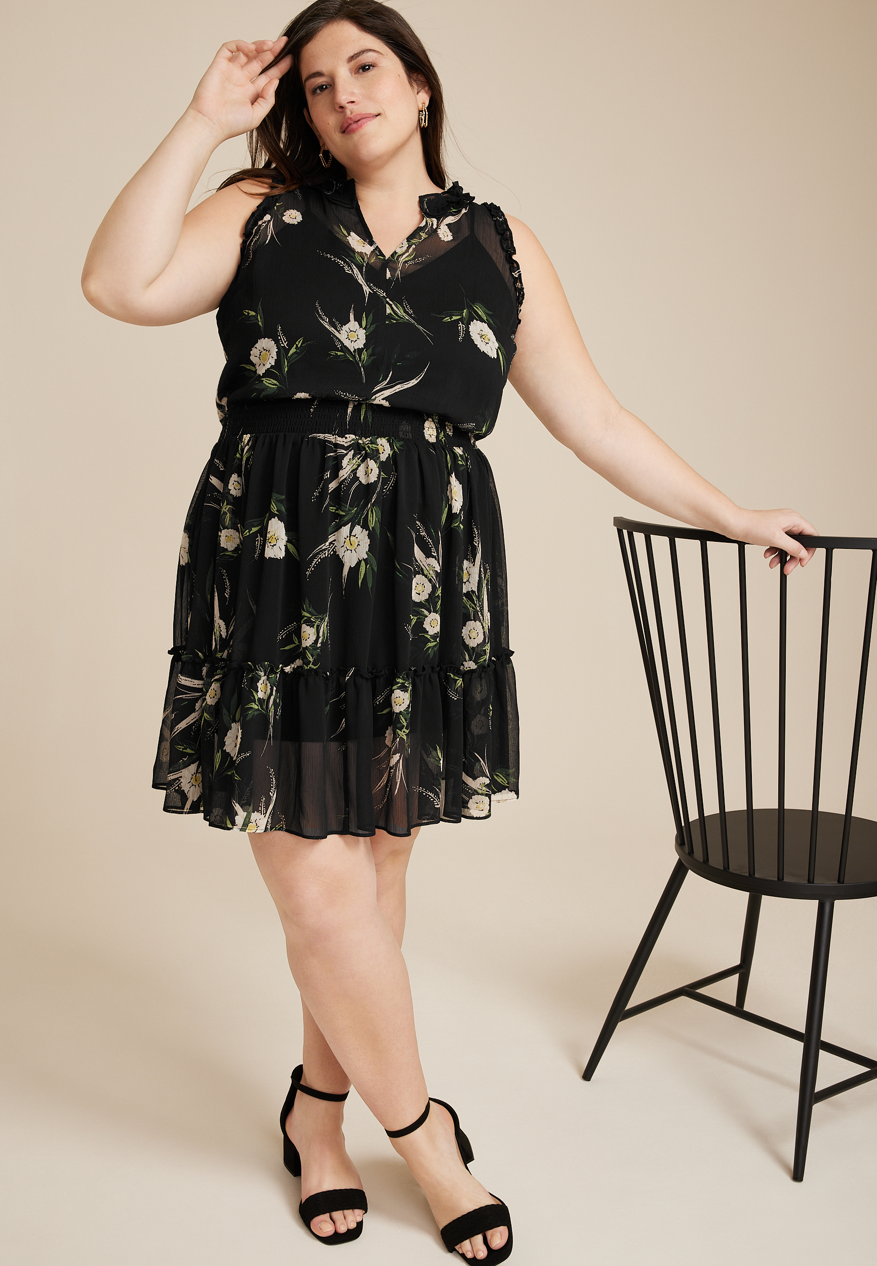 Plus Size Floral Ruffle Trim Skater Dress, C2660, large