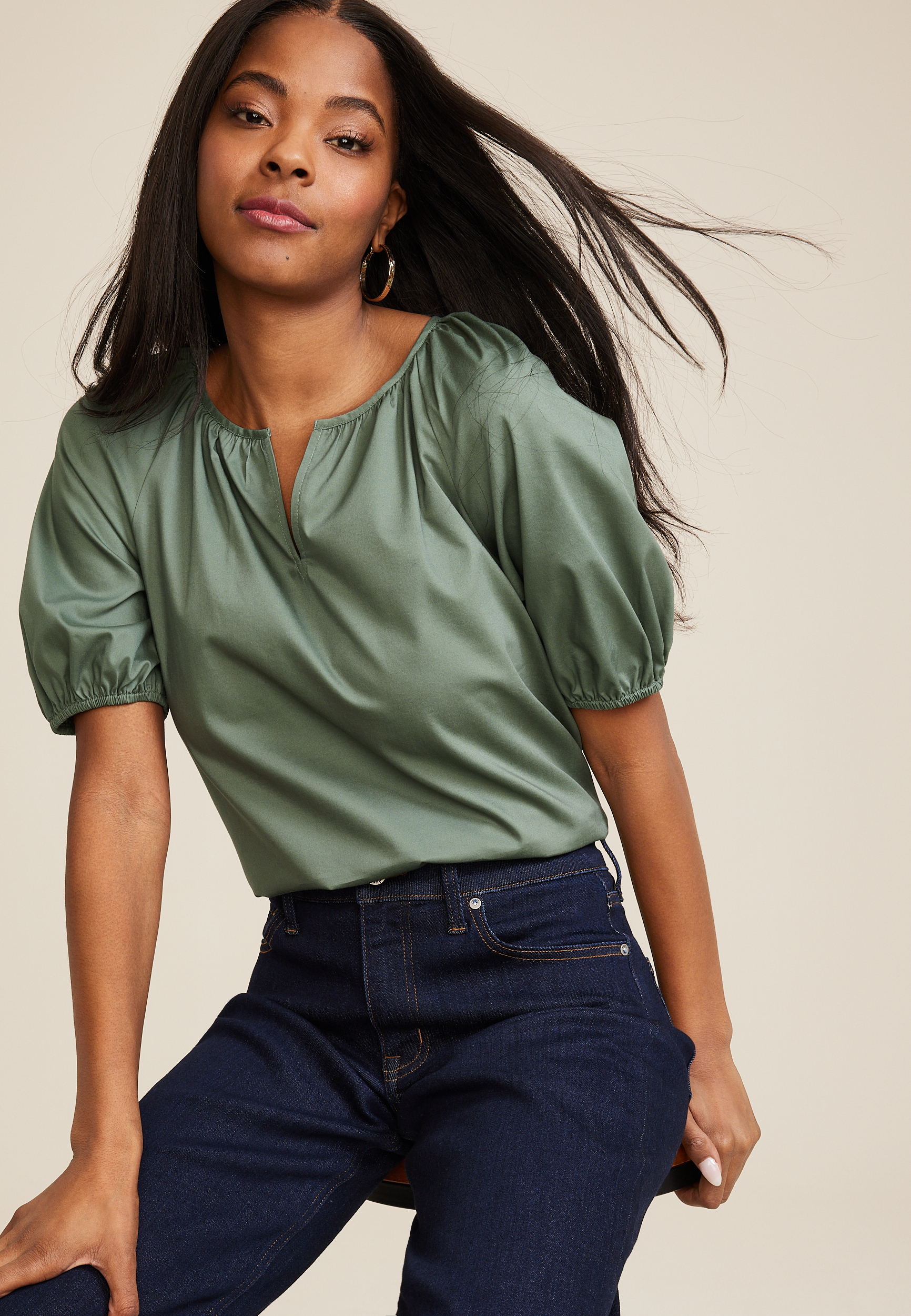 Poplin Puff Sleeve Blouse, C9516, large
