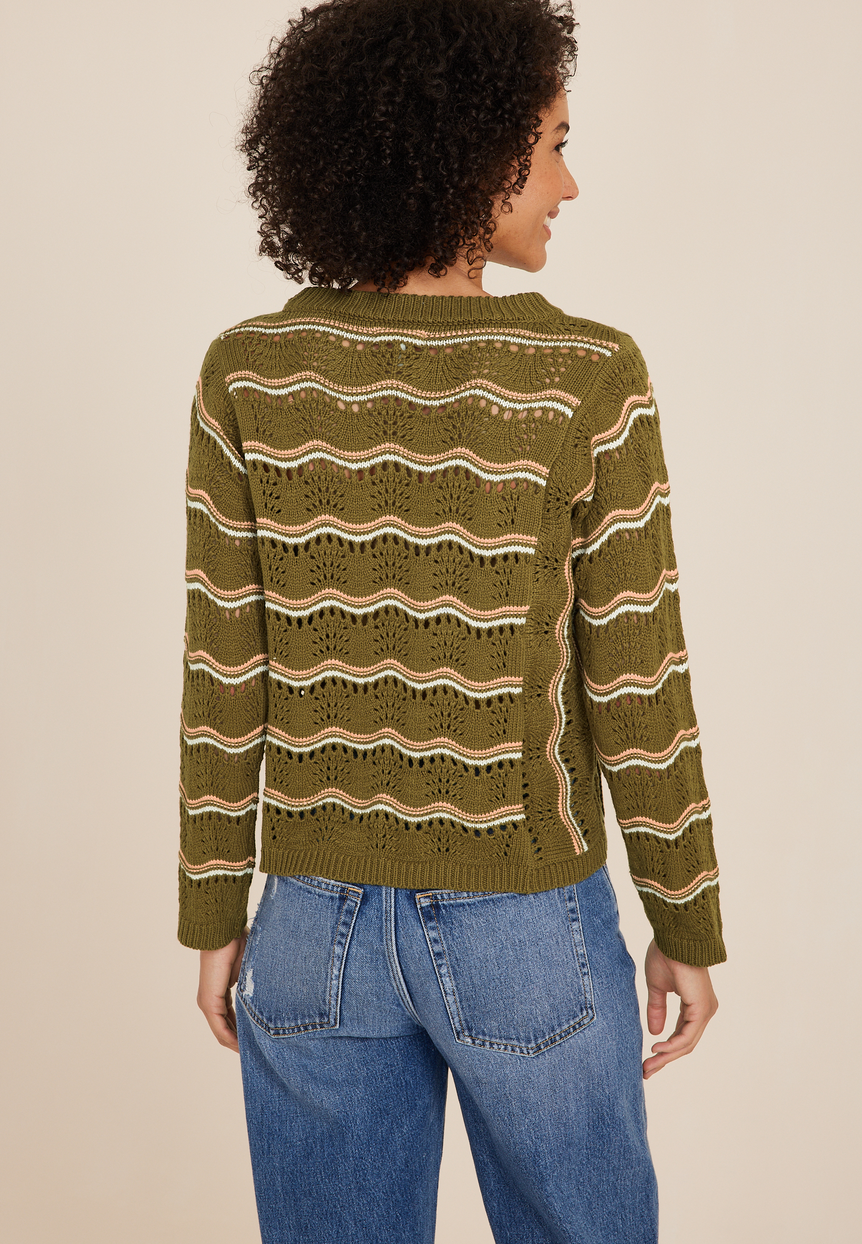 Striped Wave Pointelle Stitch Sweater, C8781, large