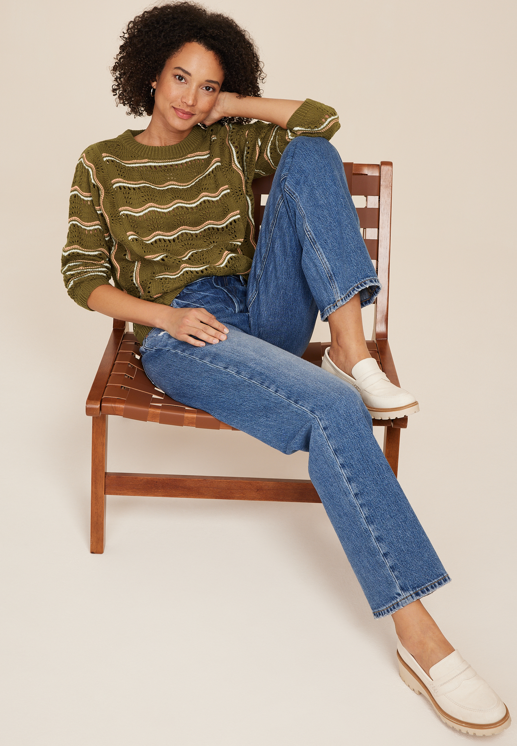Striped Wave Pointelle Stitch Sweater, C8781, large