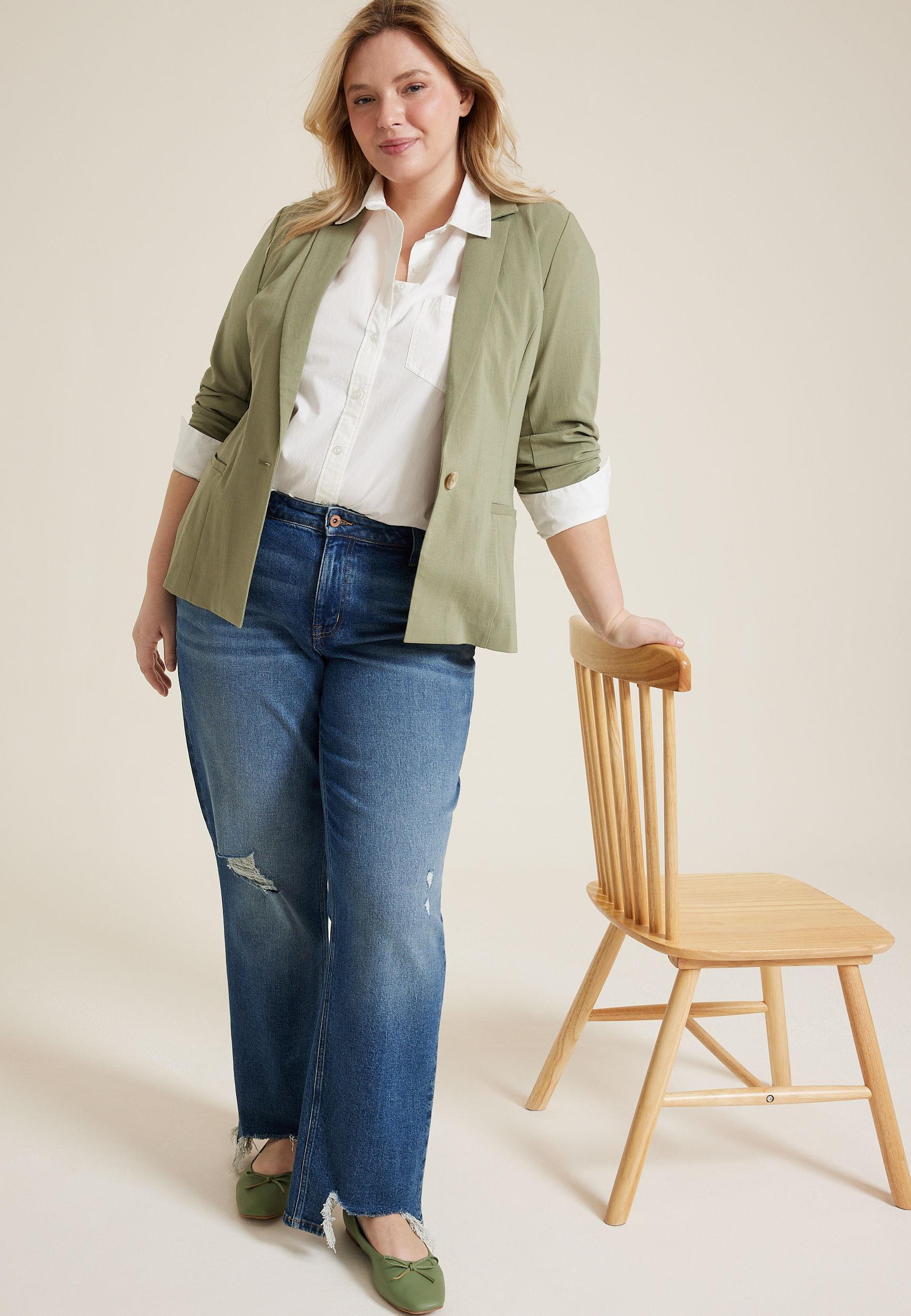 Plus Size Linen Like Blazer, OLIVE FOG, large