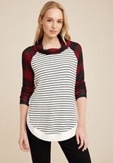 Haven Buffalo Plaid Sleeve Cowl Neck Top, REBEL RED COMBO, small