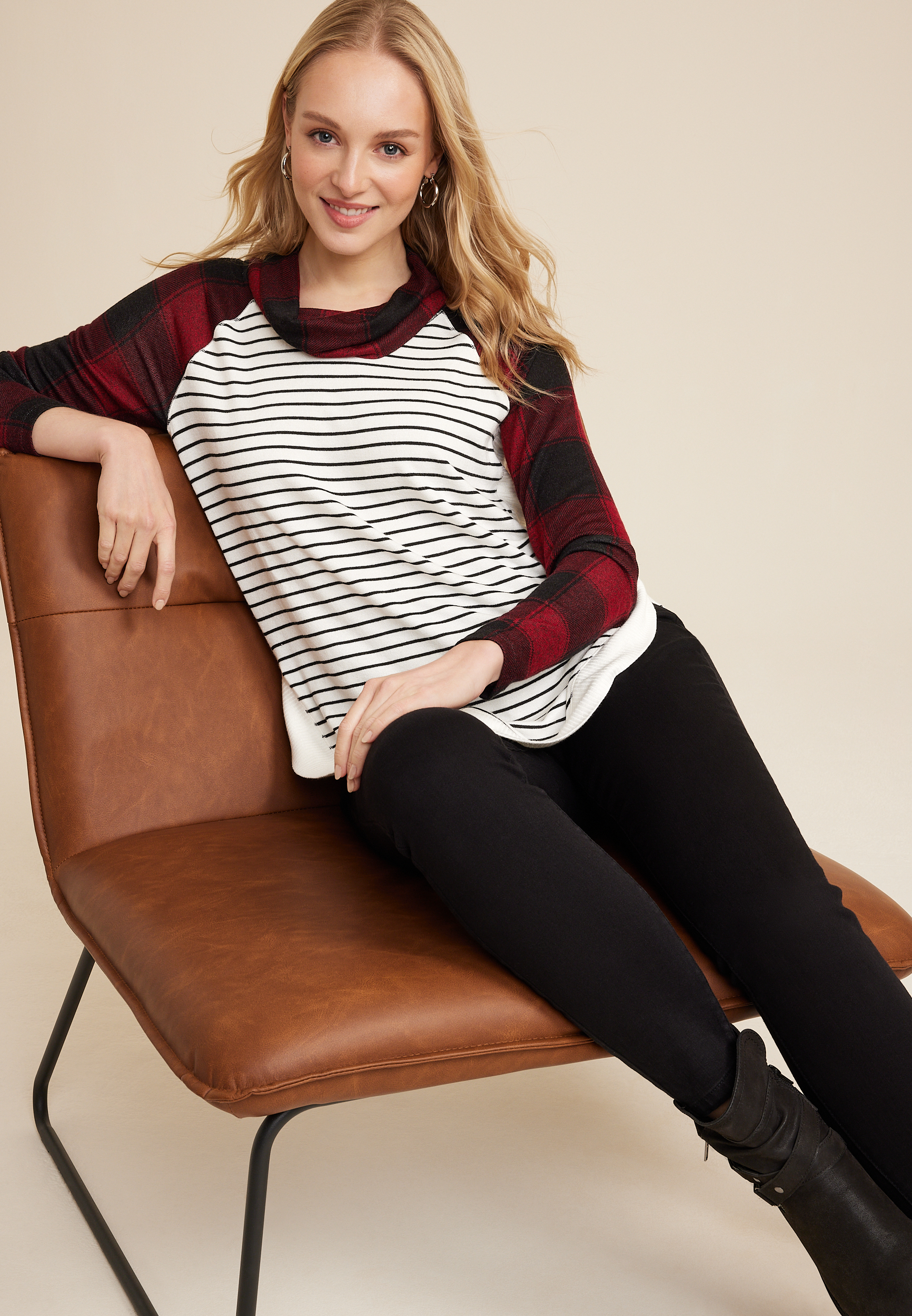 Haven Buffalo Plaid Sleeve Cowl Neck Top, REBEL RED COMBO, large