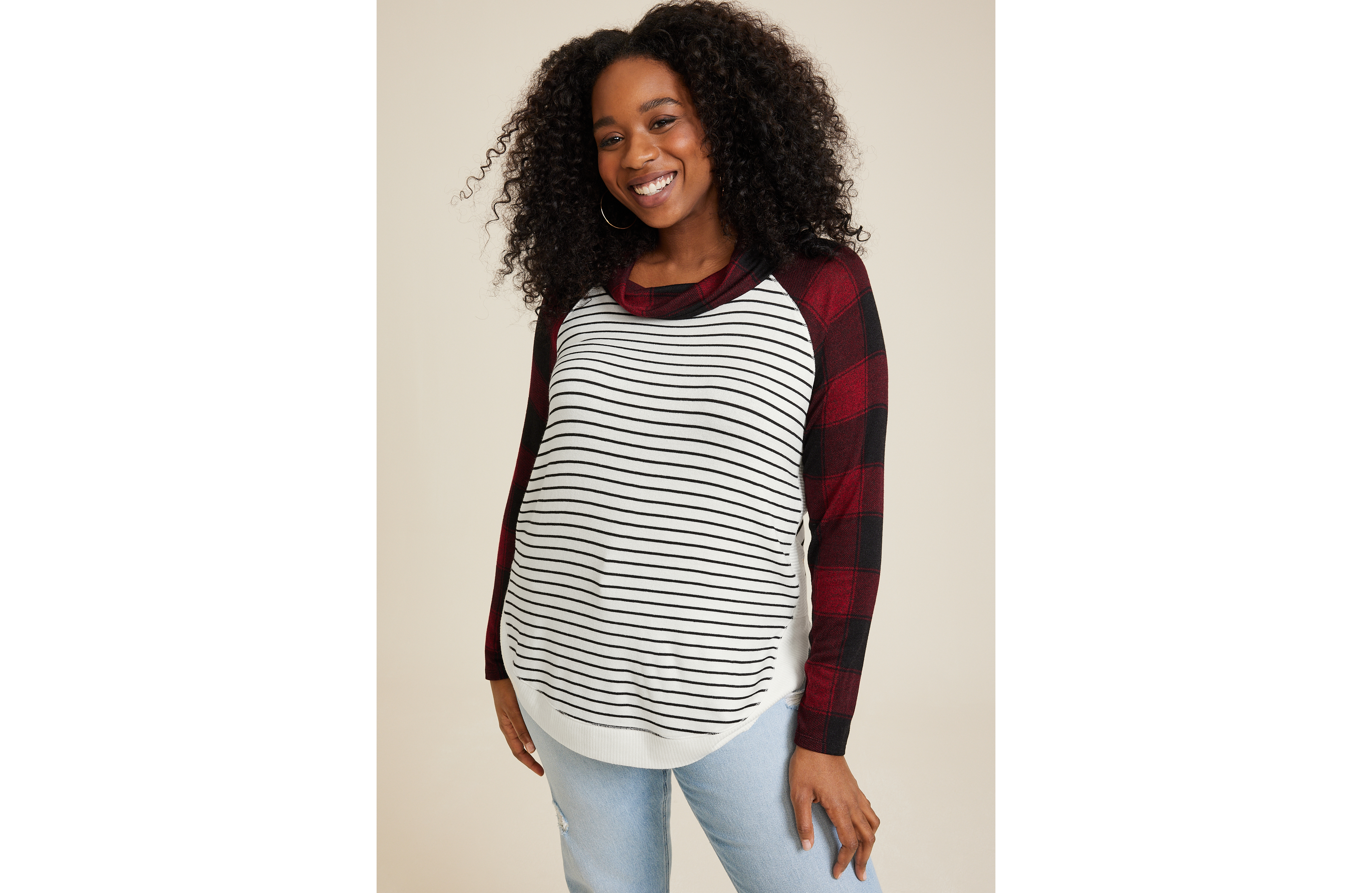 Plus Size Haven Buffalo Plaid Sleeve Cowl Neck Top