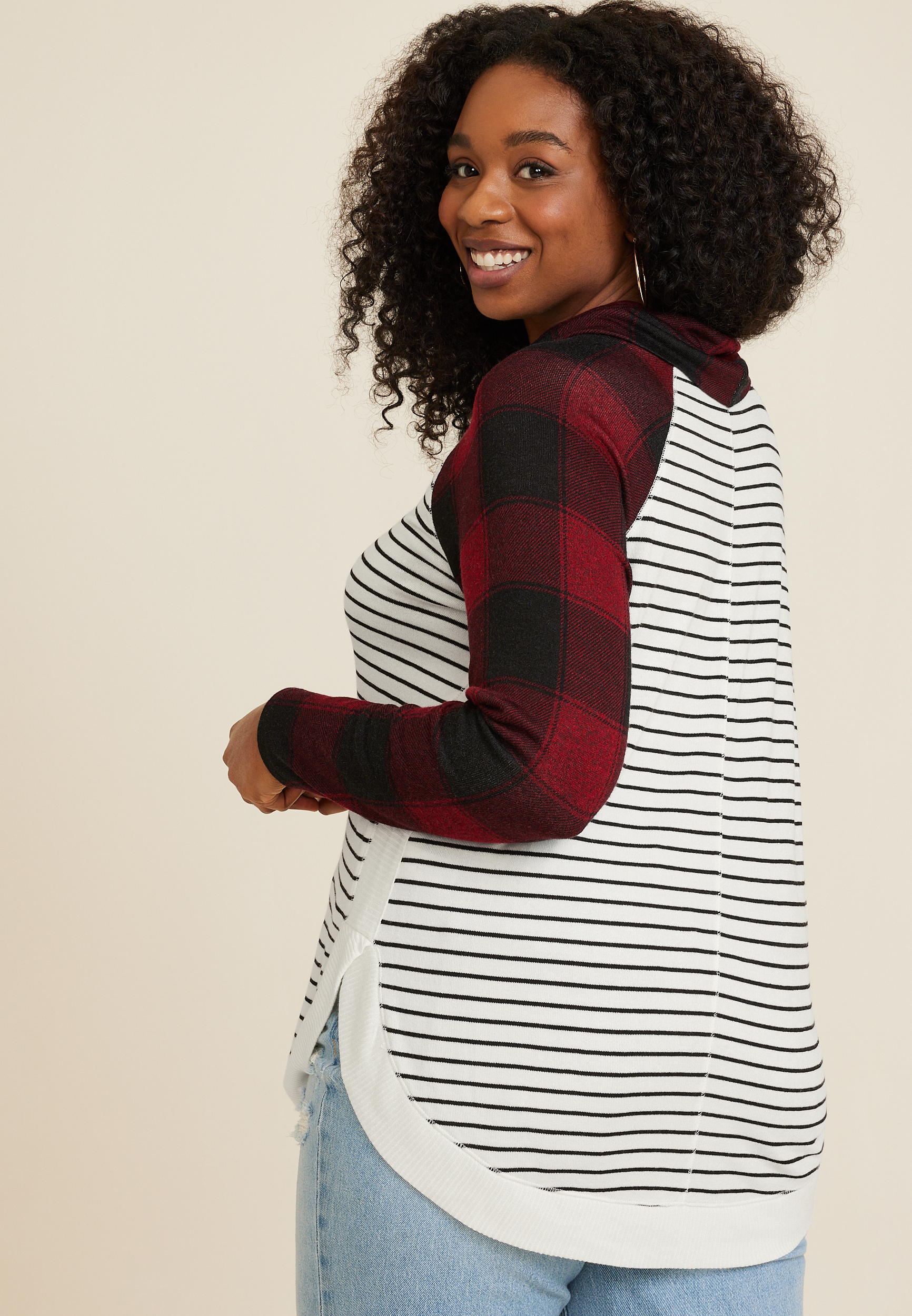 Plus Size Haven Buffalo Plaid Sleeve Cowl Neck Top, C7044, large