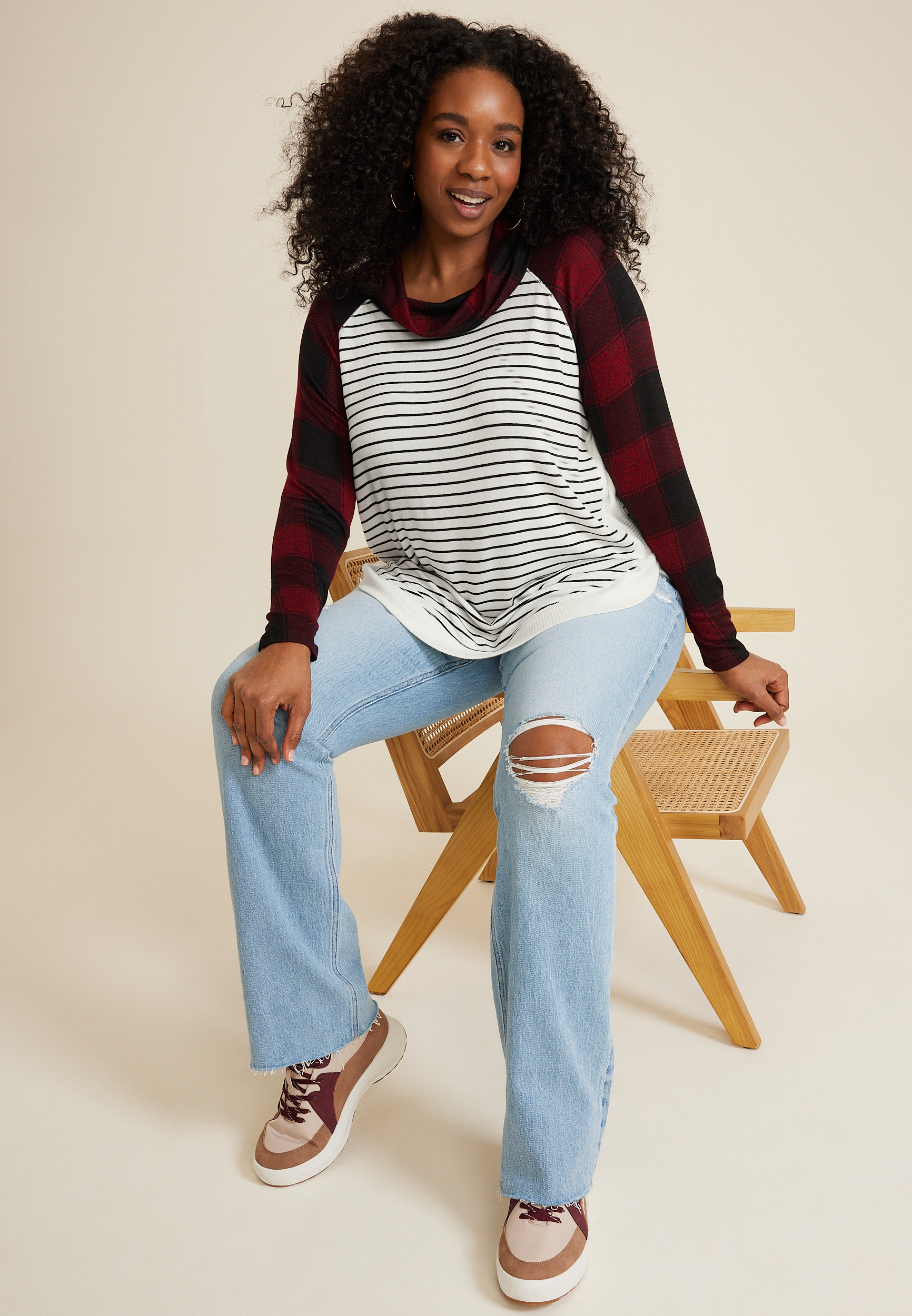 Plus Size Haven Buffalo Plaid Sleeve Cowl Neck Top, C7044, large