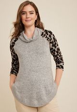 Haven Leopard Sleeve Cowl Neck Top, OATMEAL HEATHER COMBO, small