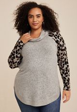 Plus Size Haven Leopard Sleeve Cowl Neck Top, OATMEAL HEATHER COMBO, small
