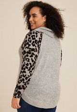 Plus Size Haven Leopard Sleeve Cowl Neck Top, OATMEAL HEATHER COMBO, small