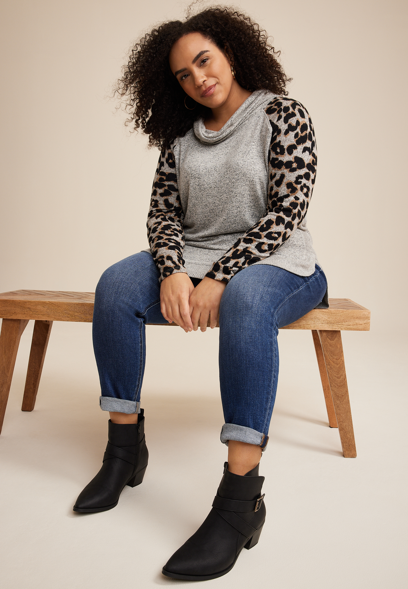 Plus Size Haven Leopard Sleeve Cowl Neck Top, OATMEAL HEATHER COMBO, large
