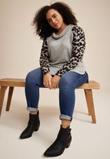 Plus Size Haven Leopard Sleeve Cowl Neck Top, OATMEAL HEATHER COMBO, small