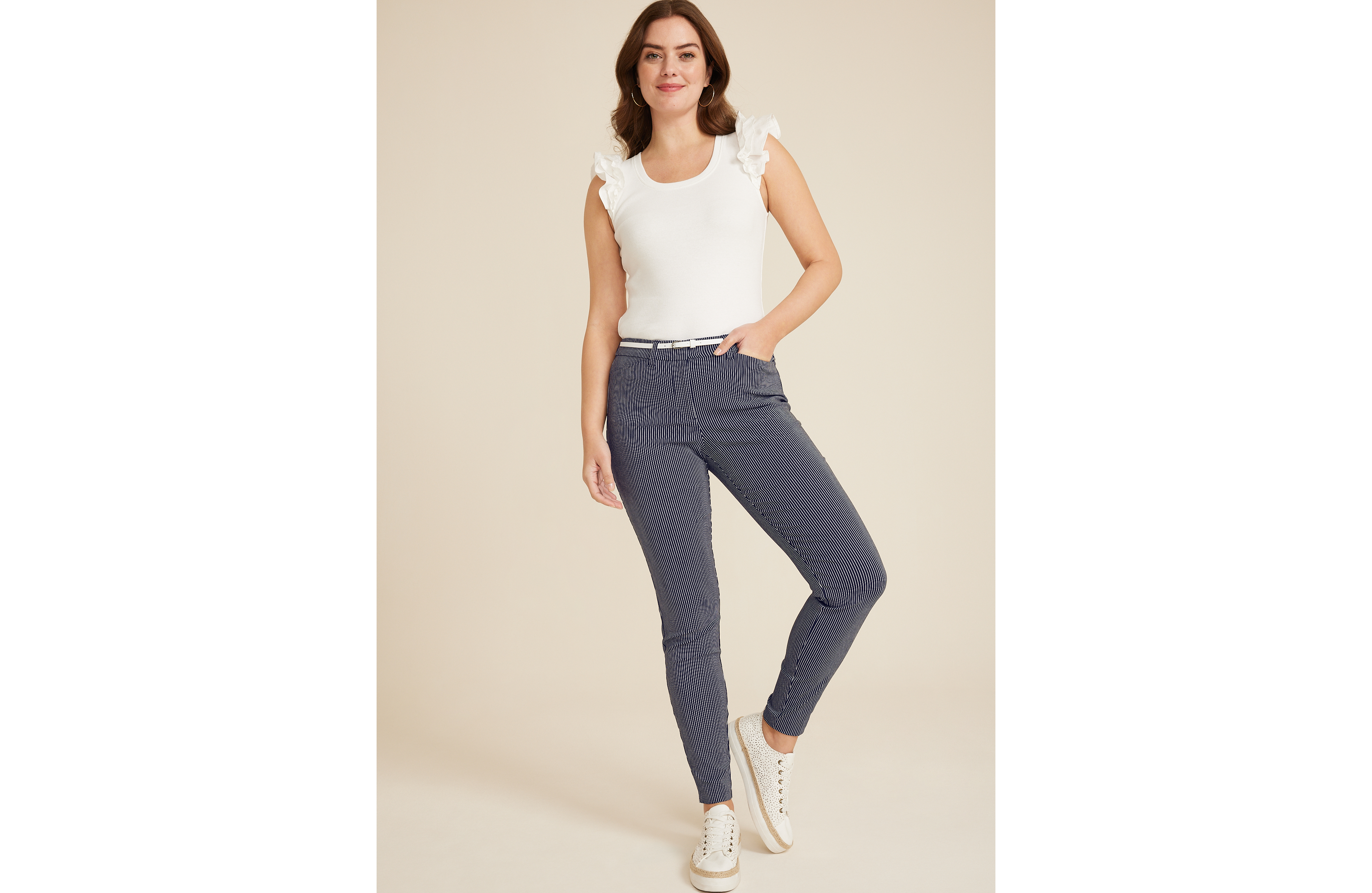 Bengaline Striped Belted Cropped Dress Pant