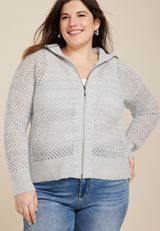 Plus Size Open Stitch Zip Up Cardigan, SOFT WHITE COMBO, small