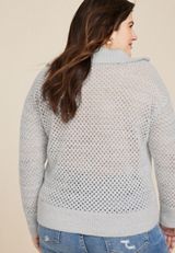 Plus Size Open Stitch Zip Up Cardigan, SOFT WHITE COMBO, small