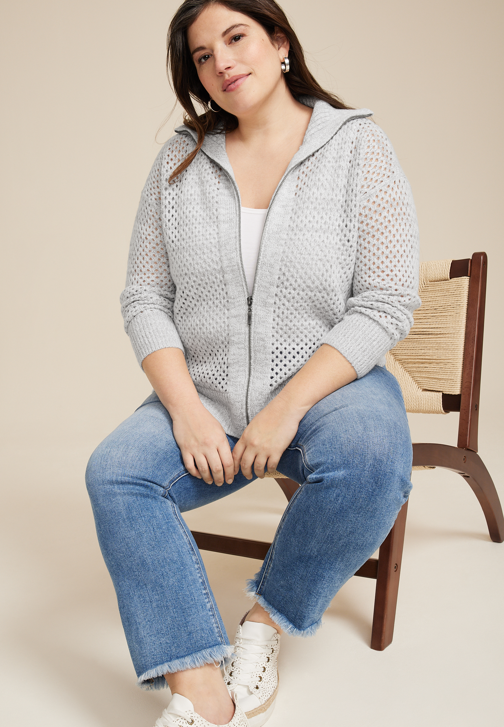 Plus Size Open Stitch Zip Up Cardigan, SOFT WHITE COMBO, large