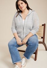 Plus Size Open Stitch Zip Up Cardigan, SOFT WHITE COMBO, small