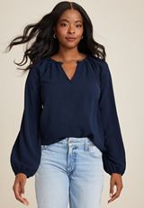 Solid Long Sleeve Notch Blouse, C180, small