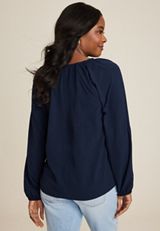 Solid Long Sleeve Notch Blouse, C180, small