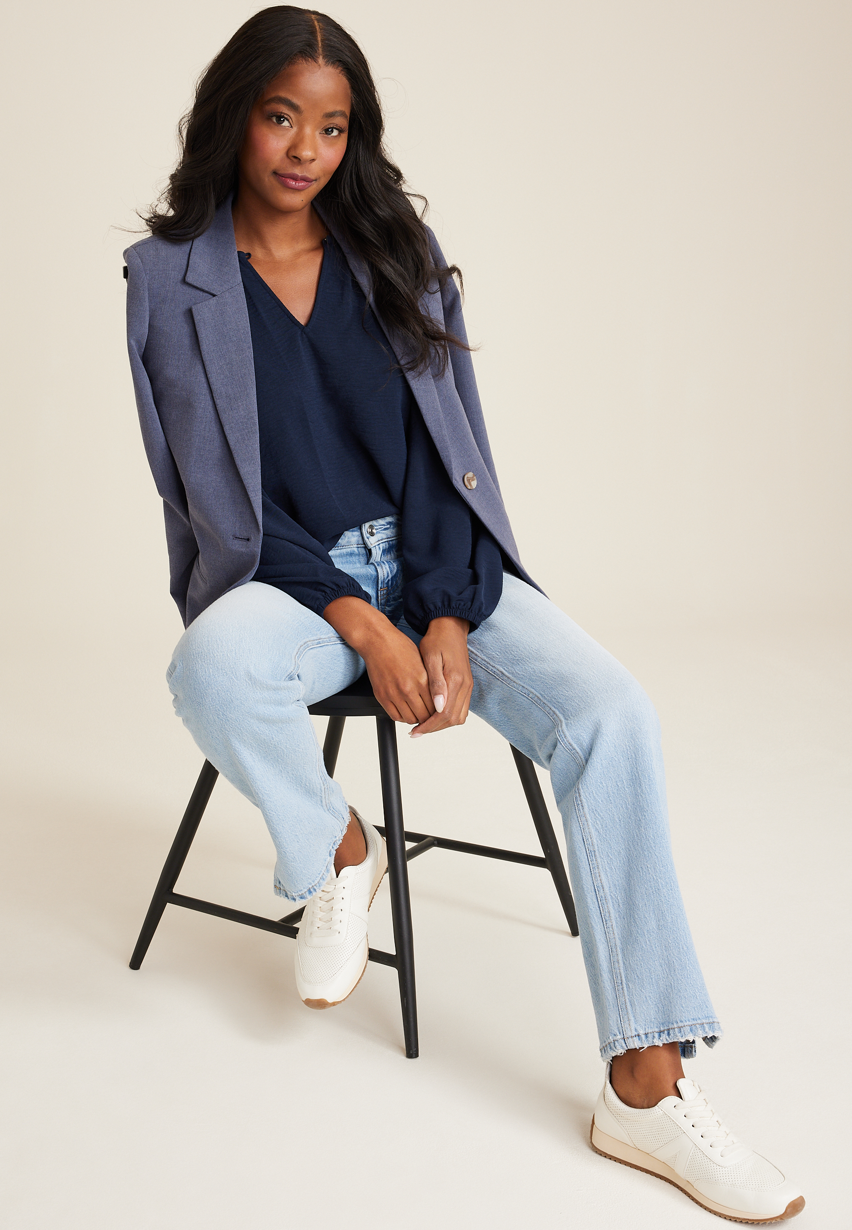 Solid Long Sleeve Notch Blouse, C180, large