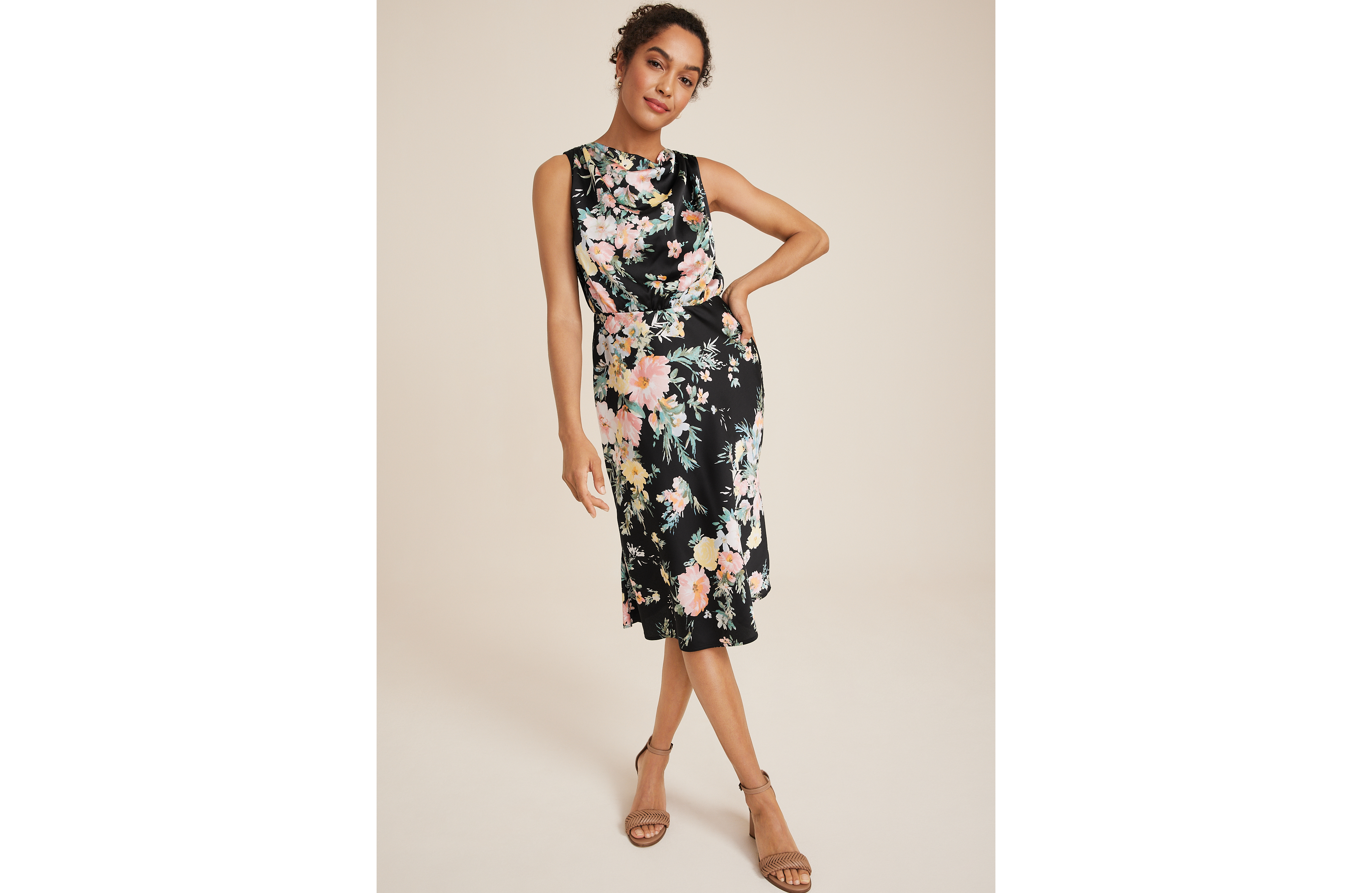 Satin Floral Cowl Neck Midi Dress