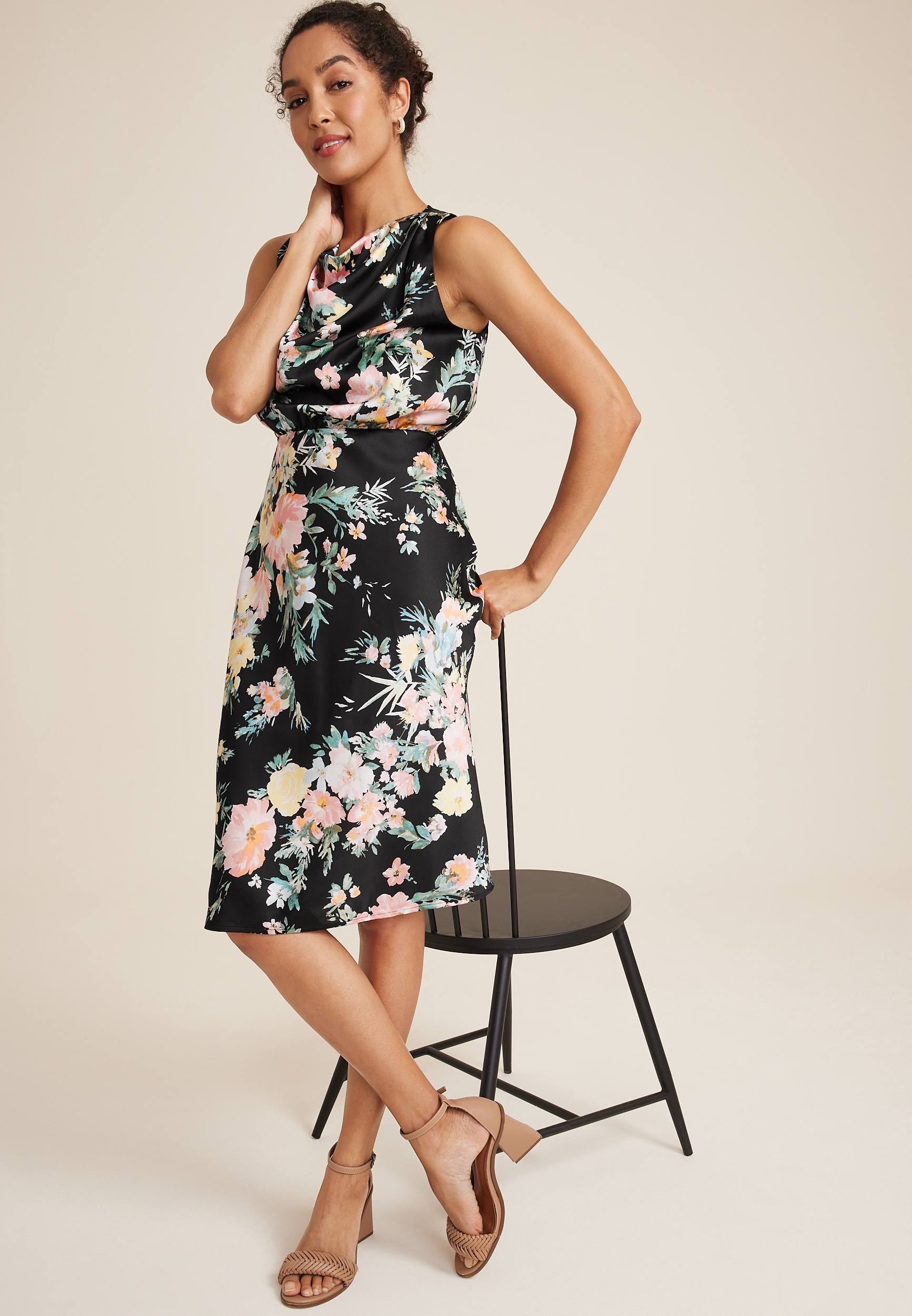 Satin Floral Cowl Neck Midi Dress, C1756, large