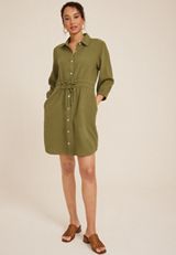 3/4 Sleeve Button Front Shirt Dress, OLIVE FOG, small
