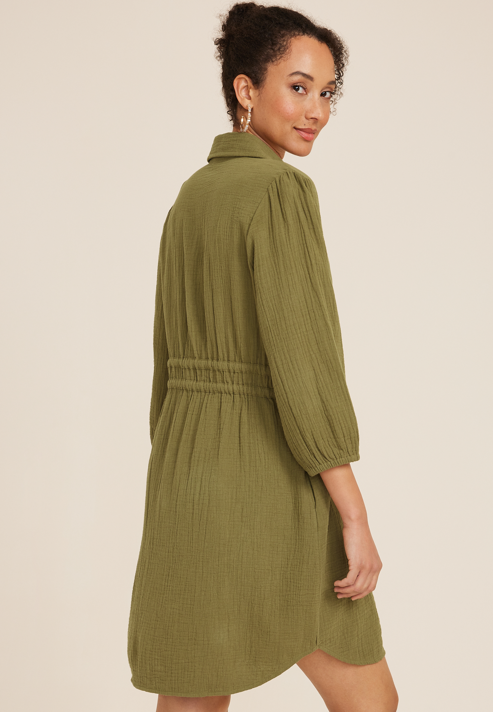 3/4 Sleeve Button Front Shirt Dress, OLIVE FOG, large