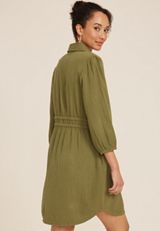 3/4 Sleeve Button Front Shirt Dress, OLIVE FOG, small