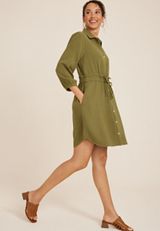 3/4 Sleeve Button Front Shirt Dress, OLIVE FOG, small