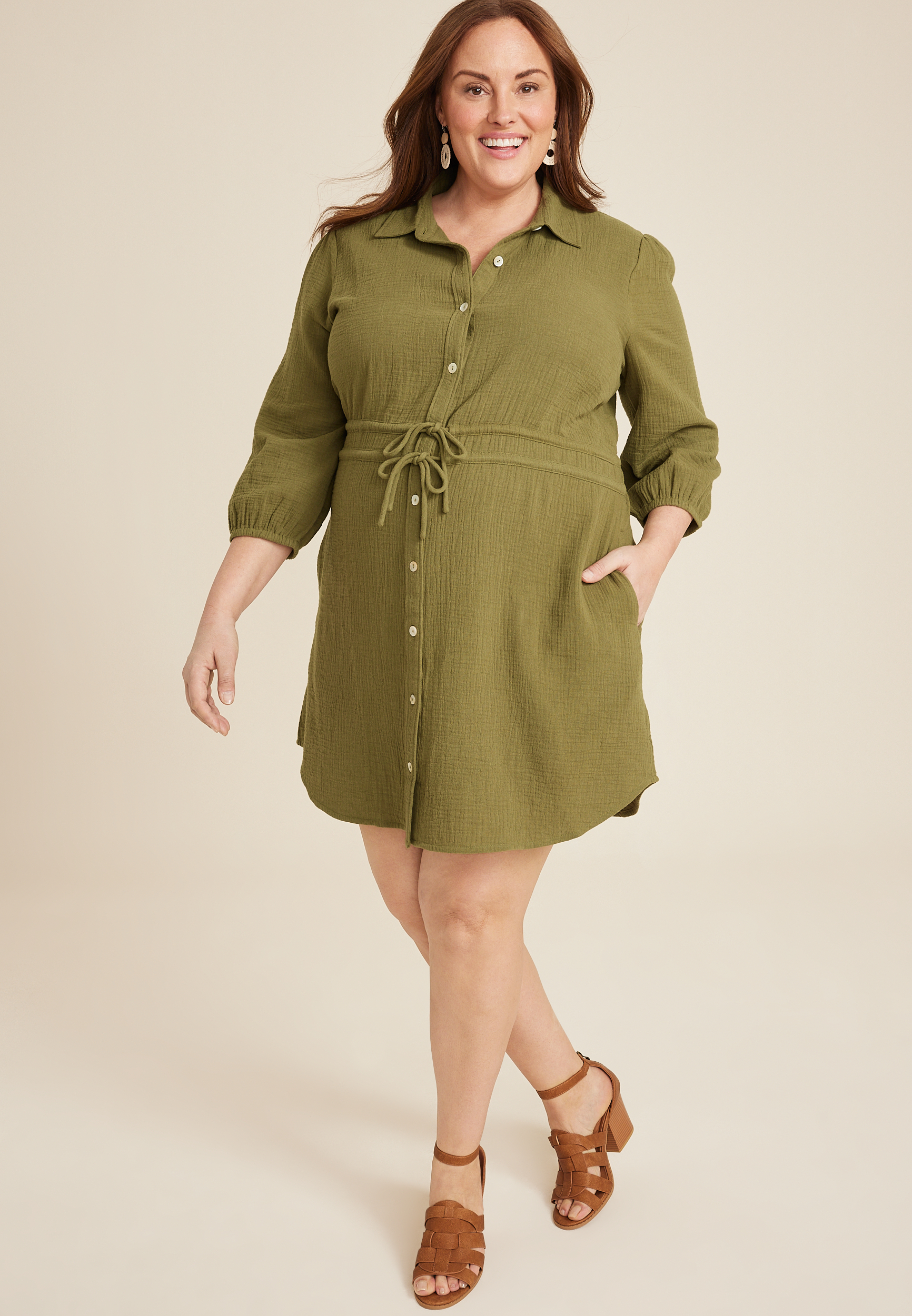 Plus 3/4 Sleeve Button Front Shirt Dress