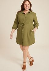 Plus Size 3/4 Sleeve Button Front Shirt Dress, OLIVE FOG, small