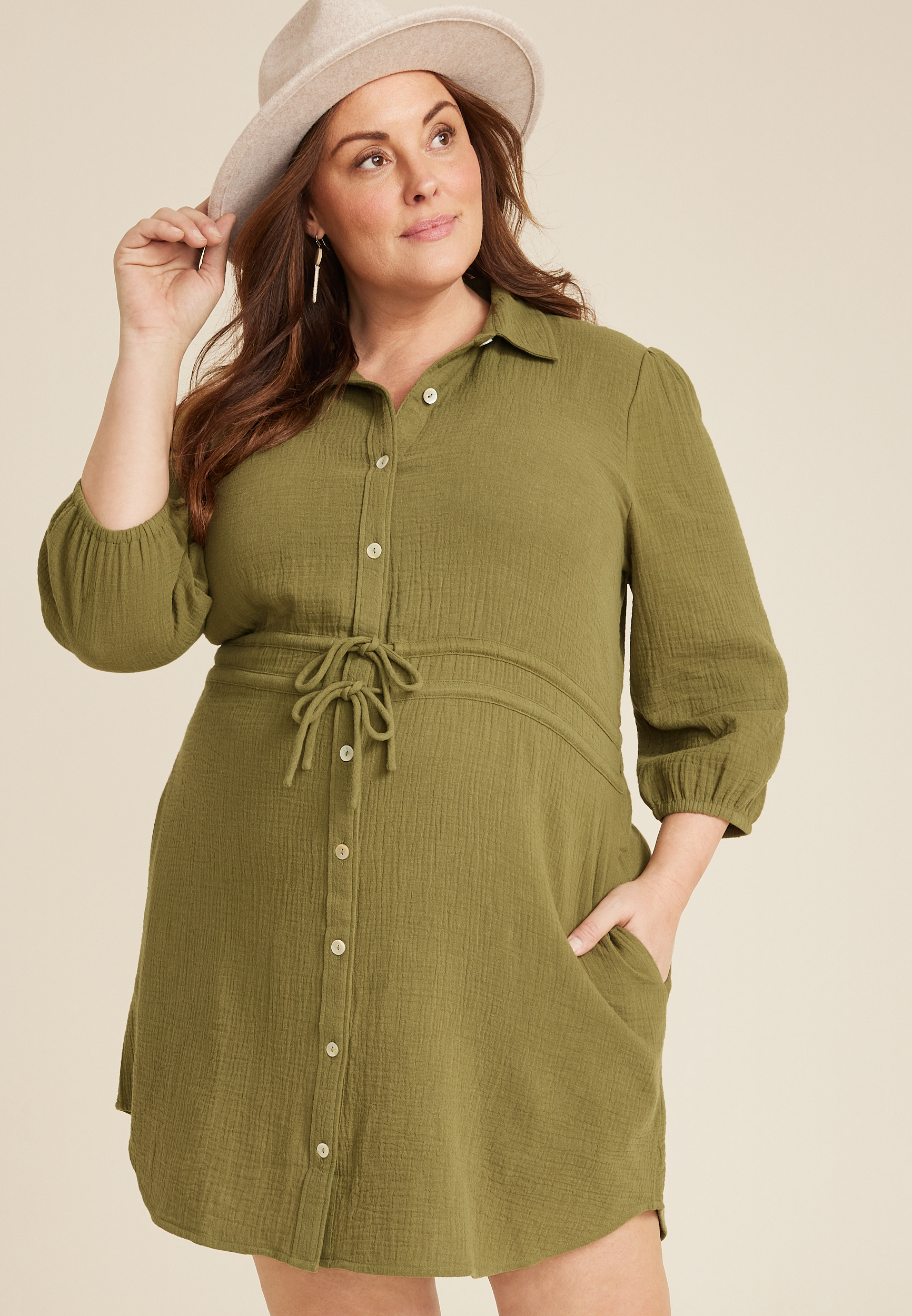 Plus Size 3/4 Sleeve Button Front Shirt Dress, OLIVE FOG, large