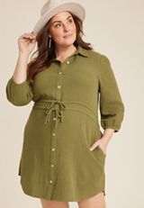 Plus Size 3/4 Sleeve Button Front Shirt Dress, OLIVE FOG, small