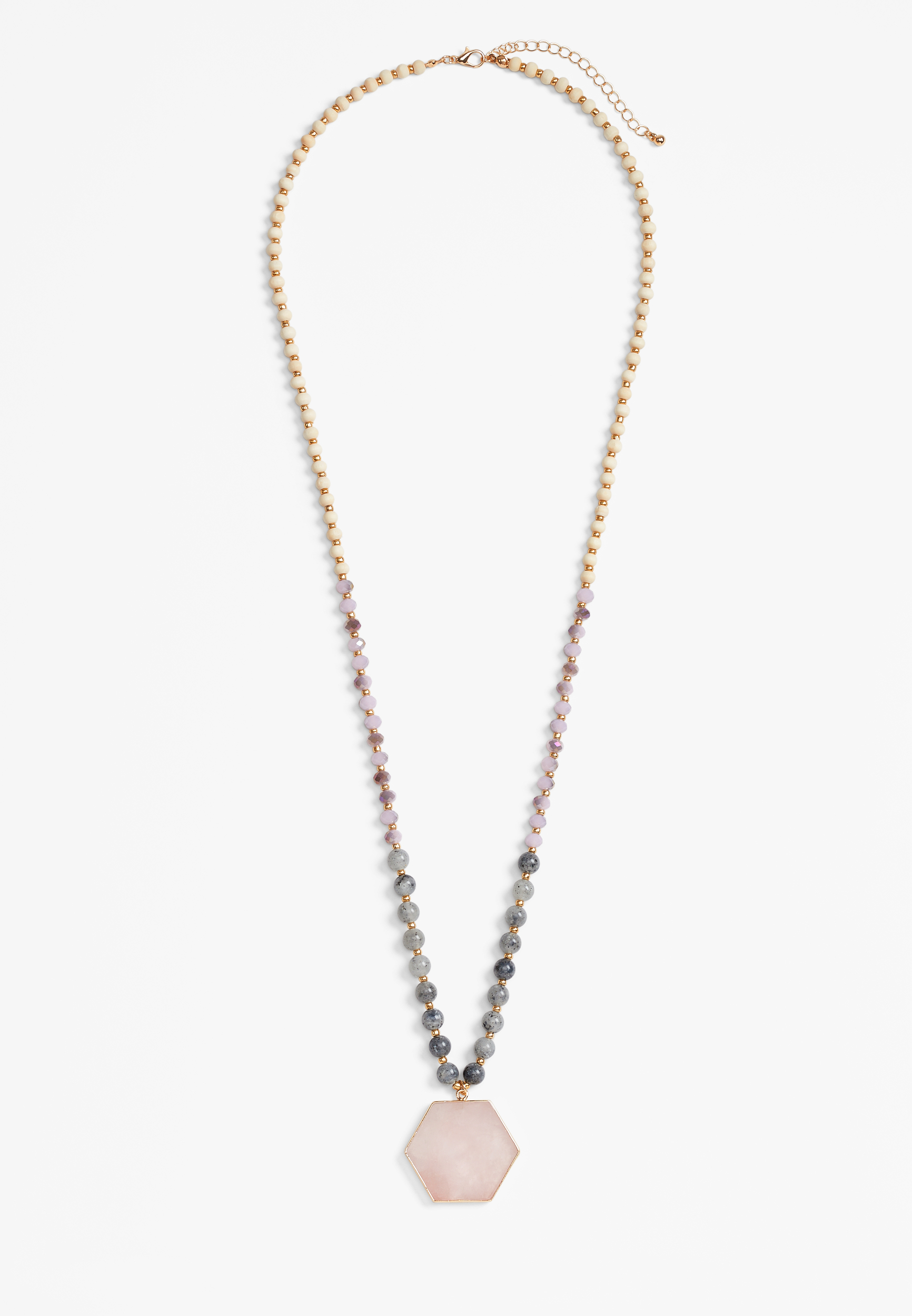 Hexagon Rose Quartz Pendant Necklace, C6013, large