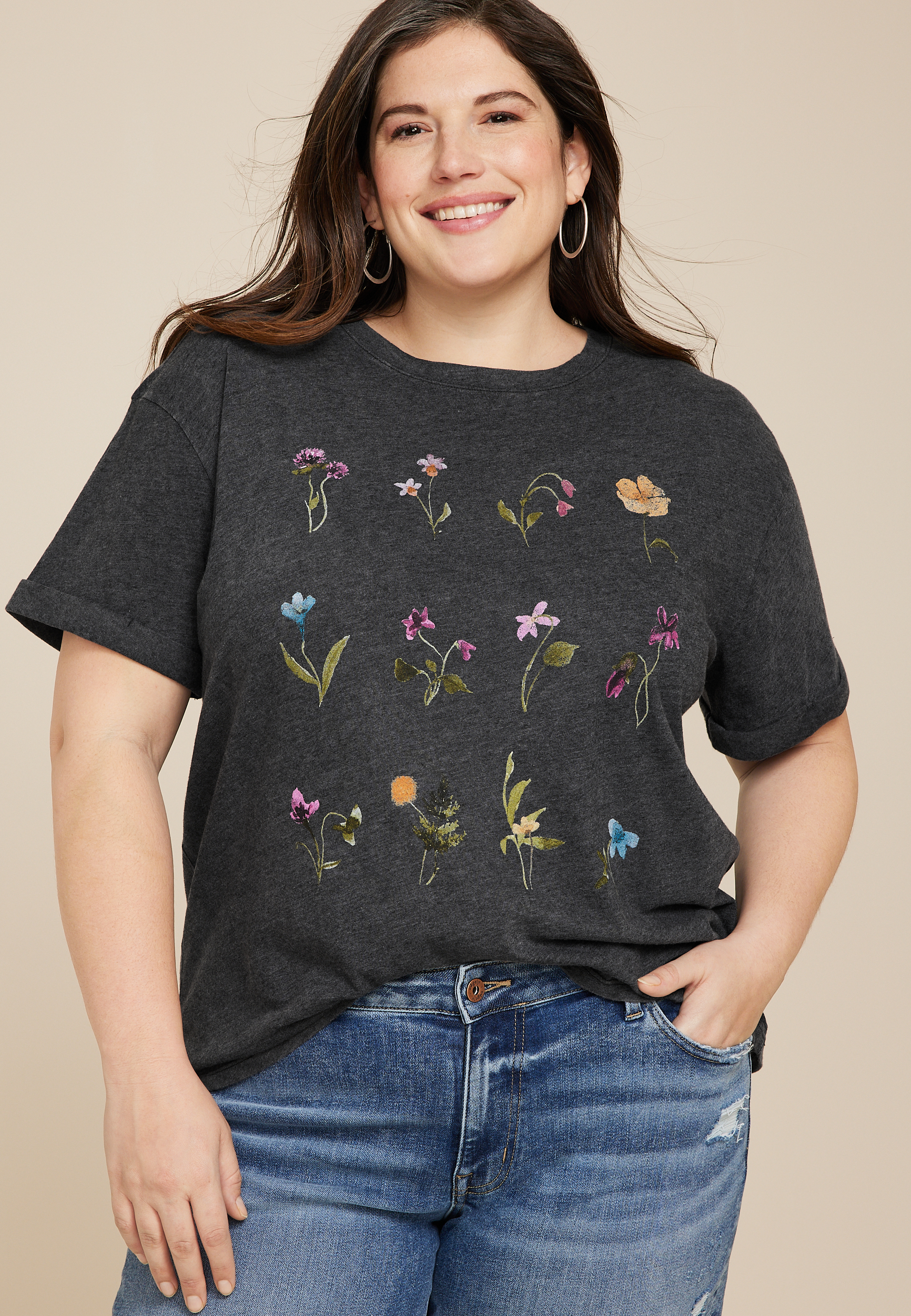 Plus Size Stacked Floral Graphic Tee, C1876, large