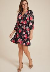 Floral Wrap Skater Dress, BLACK COMBO, small